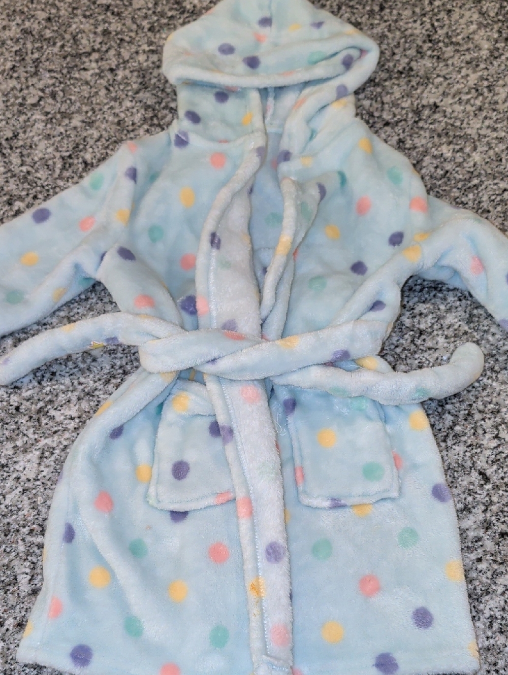 Kids Plush Hooded Bathrobe with Multicolor Polka Dots - Light Blue